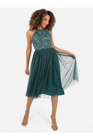 La Qayara Emerald Green Sequin Embellished Georgette Halter-Neck Midi Dress with Soft Net Skirt