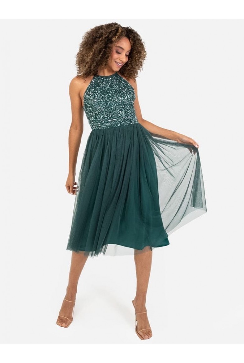 La Qayara Emerald Green Sequin Embellished Georgette Halter-Neck Midi Dress with Soft Net Skirt