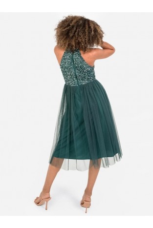 La Qayara Emerald Green Sequin Embellished Georgette Halter-Neck Midi Dress with Soft Net Skirt