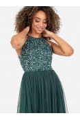 La Qayara Emerald Green Sequin Embellished Georgette Halter-Neck Midi Dress with Soft Net Skirt