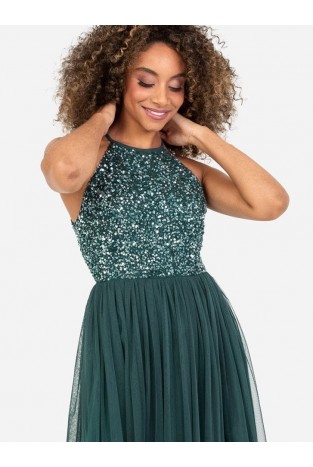La Qayara Emerald Green Sequin Embellished Georgette Halter-Neck Midi Dress with Soft Net Skirt