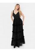 La Qayara Black Embellished Strappy Tie-Back Maxi Dress with Frill Detail