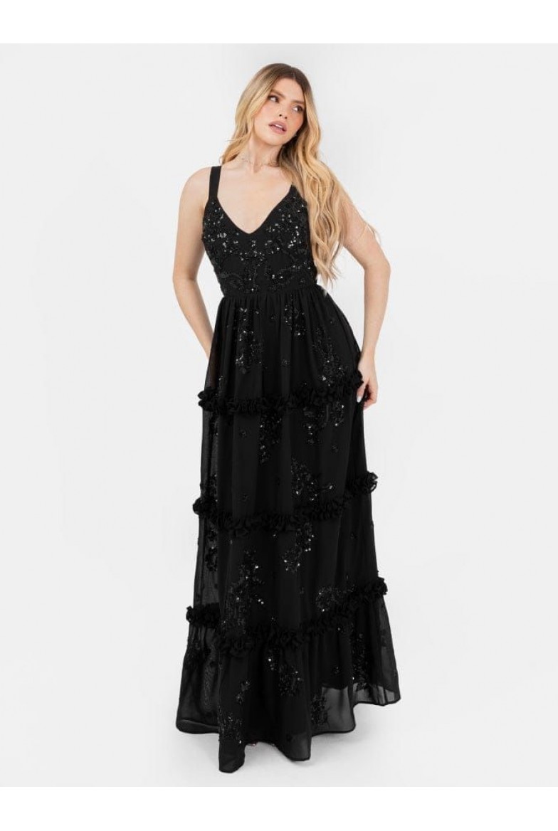 La Qayara Black Embellished Strappy Tie-Back Maxi Dress with Frill Detail
