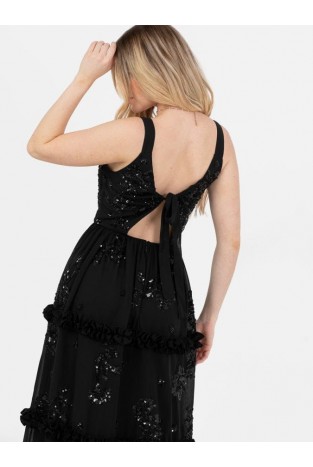 La Qayara Black Embellished Strappy Tie-Back Maxi Dress with Frill Detail