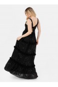La Qayara Black Embellished Strappy Tie-Back Maxi Dress with Frill Detail