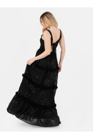 La Qayara Black Embellished Strappy Tie-Back Maxi Dress with Frill Detail