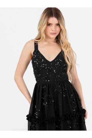 La Qayara Black Embellished Strappy Tie-Back Maxi Dress with Frill Detail