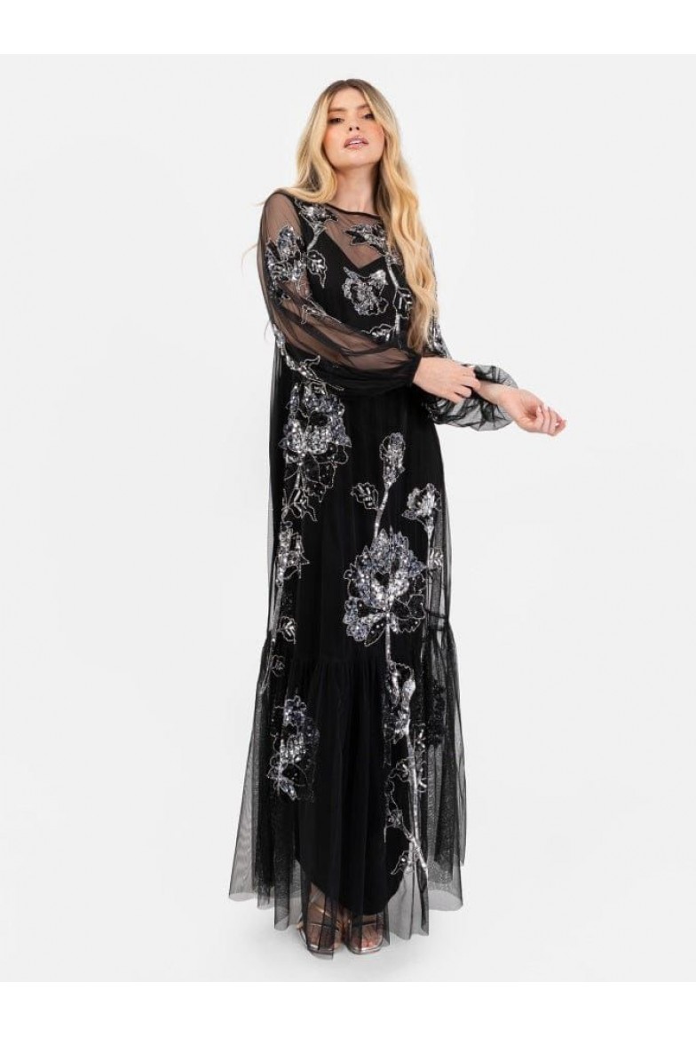 La Qayara Black Embellished Sheer Illusion Neck Georgette Maxi Dress