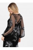 La Qayara Black Embellished Sheer Illusion Neck Georgette Maxi Dress