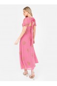La Qayara Rosey Pink Puff Sleeve Floral Midaxi Dress