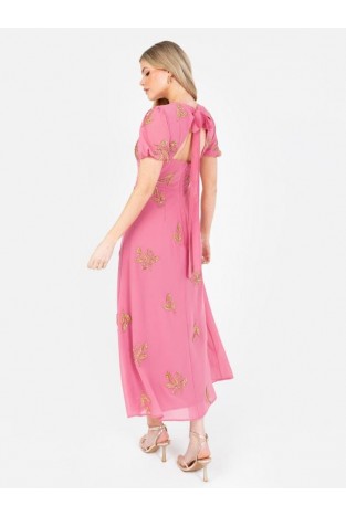 La Qayara Rosey Pink Puff Sleeve Floral Midaxi Dress