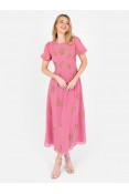 La Qayara Rosey Pink Puff Sleeve Floral Midaxi Dress