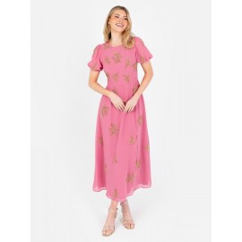 La Qayara Rosey Pink Puff Sleeve Floral Midaxi Dress