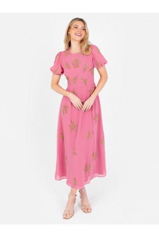 La Qayara Rosey Pink Puff Sleeve Floral Midaxi Dress