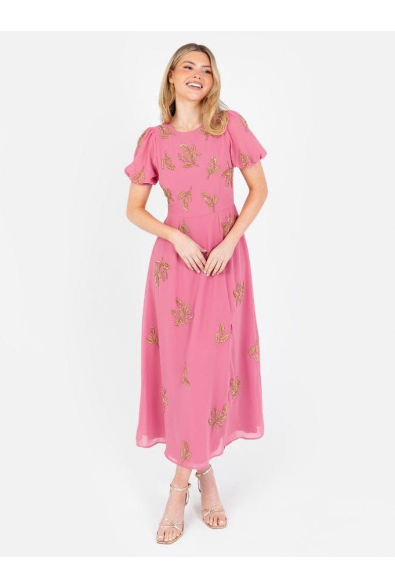 La Qayara Rosey Pink Puff Sleeve Floral Midaxi Dress