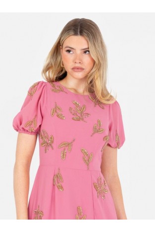 La Qayara Rosey Pink Puff Sleeve Floral Midaxi Dress