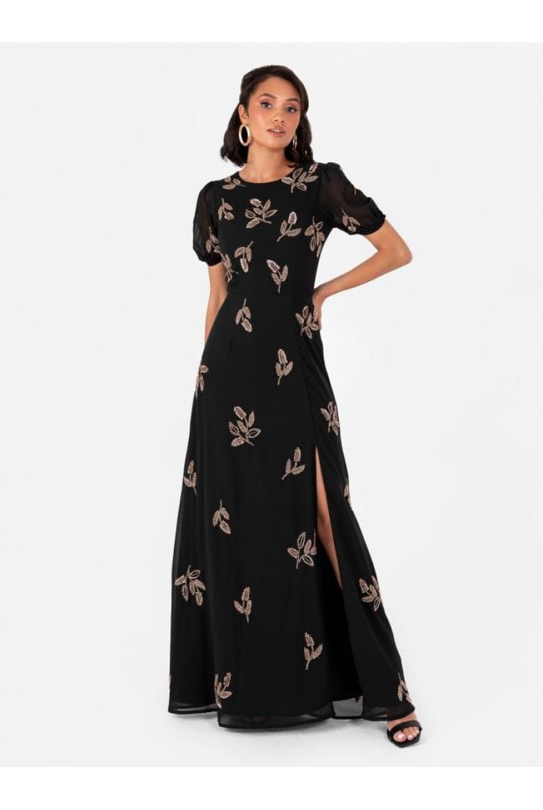 La Qayara Black Puff Sleeve Floral Midaxi Dress