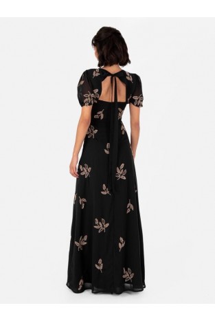 La Qayara Black Puff Sleeve Floral Midaxi Dress