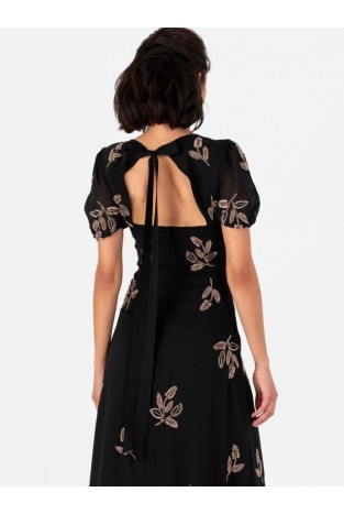 La Qayara Black Puff Sleeve Floral Midaxi Dress