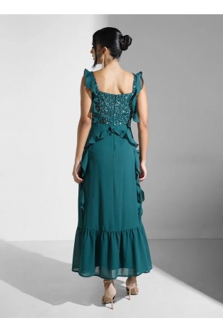 La Qayara Emerald Green Sequined Georgette Midaxi Dress with Cascading Ruffles