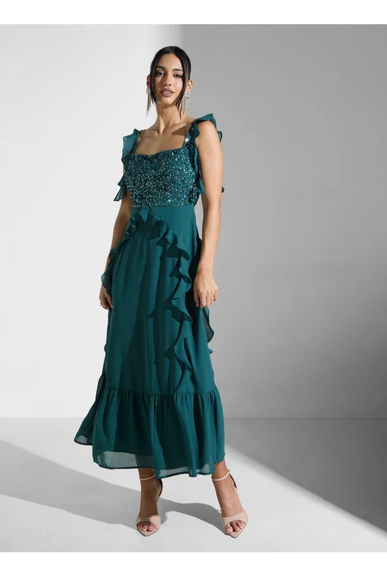 La Qayara Emerald Green Sequined Georgette Midaxi Dress with Cascading Ruffles
