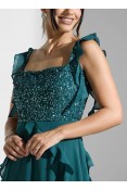 La Qayara Emerald Green Sequined Georgette Midaxi Dress with Cascading Ruffles