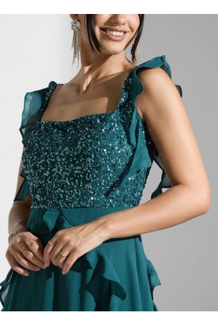 La Qayara Emerald Green Sequined Georgette Midaxi Dress with Cascading Ruffles