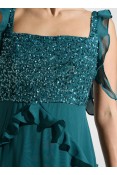 La Qayara Emerald Green Sequined Georgette Midaxi Dress with Cascading Ruffles