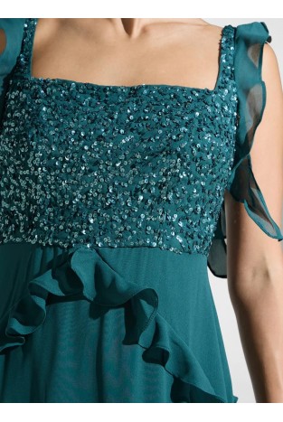 La Qayara Emerald Green Sequined Georgette Midaxi Dress with Cascading Ruffles