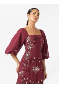 La Qayara Burgundy Sequin Georgette Midaxi Dress with Flared Tulle Skirt
