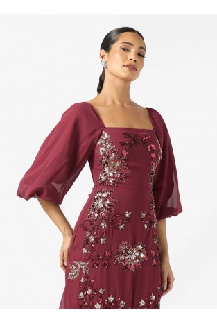La Qayara Burgundy Sequin Georgette Midaxi Dress with Flared Tulle Skirt