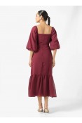 La Qayara Burgundy Sequin Georgette Midaxi Dress with Flared Tulle Skirt