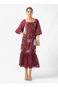 La Qayara Burgundy Sequin Georgette Midaxi Dress with Flared Tulle Skirt
