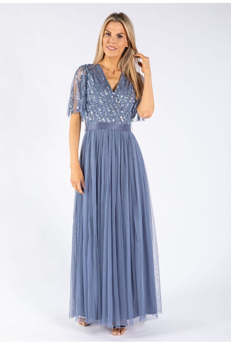 La Qayara Dusty Blue Chevron Sequin Embellished Georgette & Soft Net Maxi Dress with Sheer Sleeves