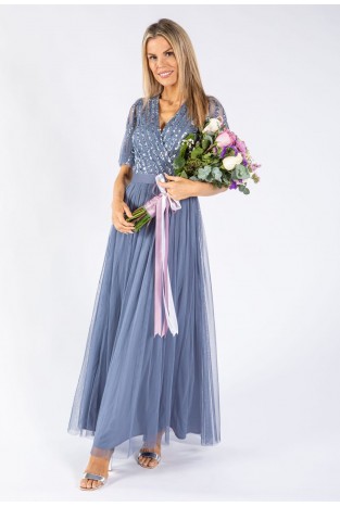 La Qayara Dusty Blue Chevron Sequin Embellished Georgette & Soft Net Maxi Dress with Sheer Sleeves