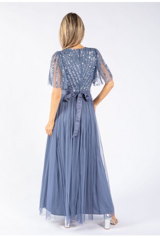 La Qayara Dusty Blue Chevron Sequin Embellished Georgette & Soft Net Maxi Dress with Sheer Sleeves