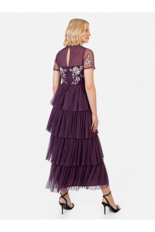 La Qayara Berry Embroidered Tiered Tulle Midaxi Dress