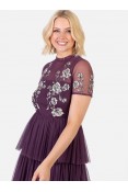 La Qayara Berry Embroidered Tiered Tulle Midaxi Dress
