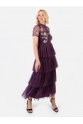 La Qayara Berry Embroidered Tiered Tulle Midaxi Dress