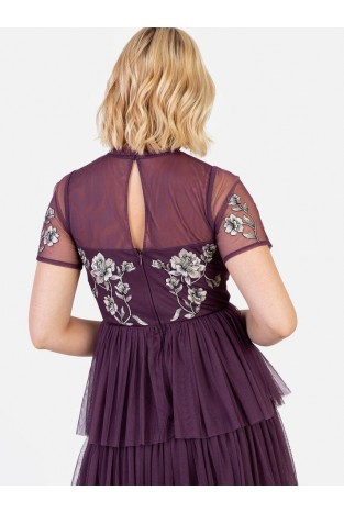 La Qayara Berry Embroidered Tiered Tulle Midaxi Dress