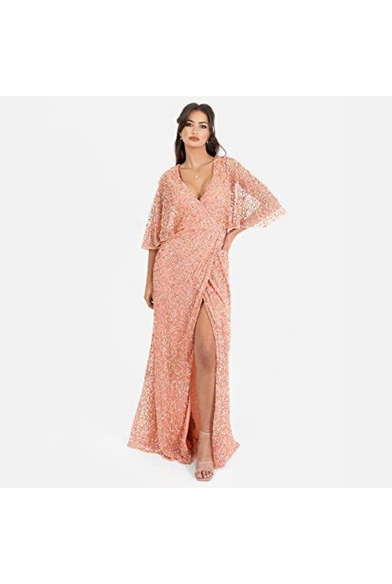 La Qayara Dusty Peach Sequin Georgette Maxi Dress with Cape Sleeves & Wrap Slit