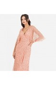 La Qayara Dusty Peach Sequin Georgette Maxi Dress with Cape Sleeves & Wrap Slit