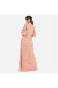 La Qayara Dusty Peach Sequin Georgette Maxi Dress with Cape Sleeves & Wrap Slit