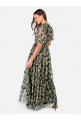 La Qayara Soft Green Floral Georgette Maxi Dress with Embellished Bodice & Tiered Skirt