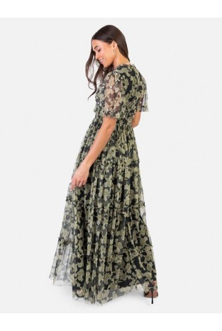 La Qayara Soft Green Floral Georgette Maxi Dress with Embellished Bodice & Tiered Skirt