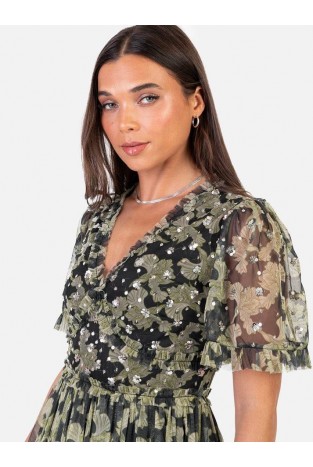 La Qayara Soft Green Floral Georgette Maxi Dress with Embellished Bodice & Tiered Skirt