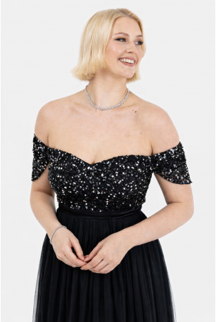 La Qayara Black Embellished Off-Shoulder Party Gown with Sequin Work & Thigh-High Slit