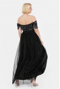 La Qayara Black Embellished Off-Shoulder Party Gown with Sequin Work & Thigh-High Slit
