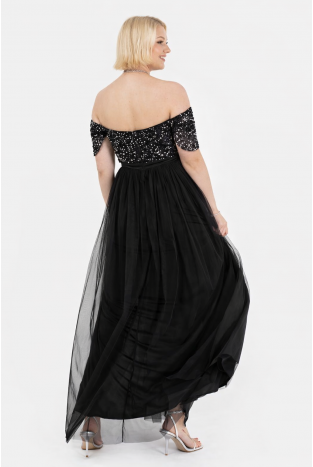 La Qayara Black Embellished Off-Shoulder Party Gown with Sequin Work & Thigh-High Slit